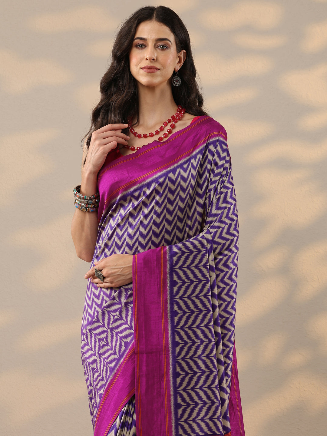  Purple Leheriya Printed Silk Blend Saree With Unstitched Blouse Piece 