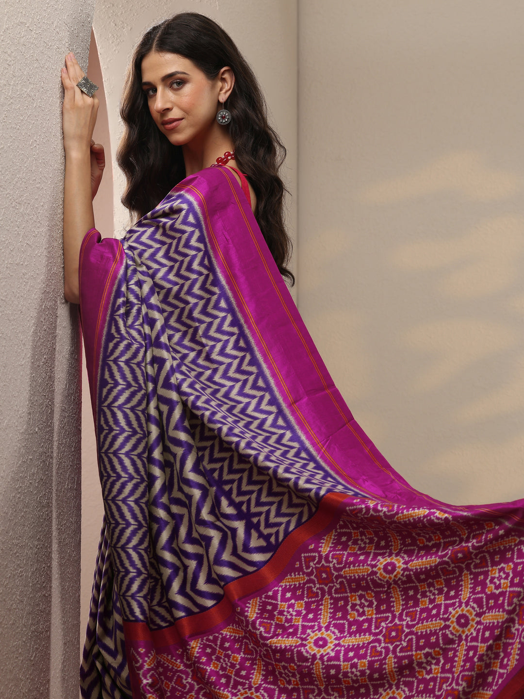  Purple Leheriya Printed Silk Blend Saree With Unstitched Blouse Piece 