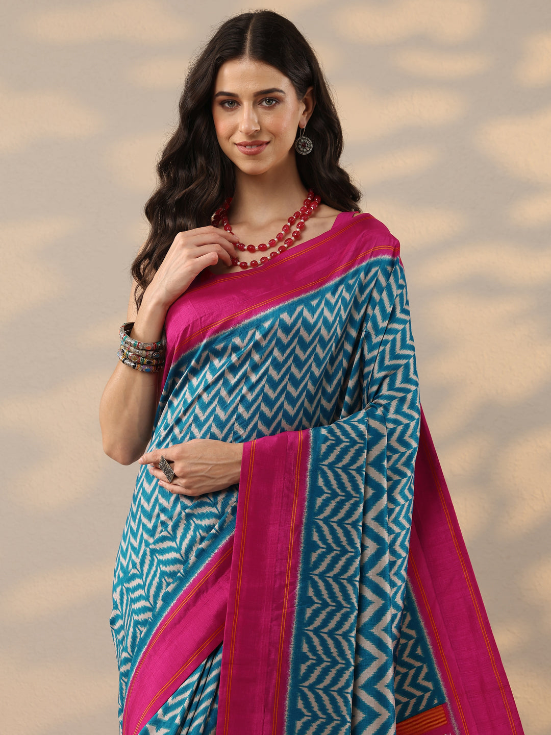  Blue Leheriya Printed Silk Blend Saree With Unstitched Blouse Piece 