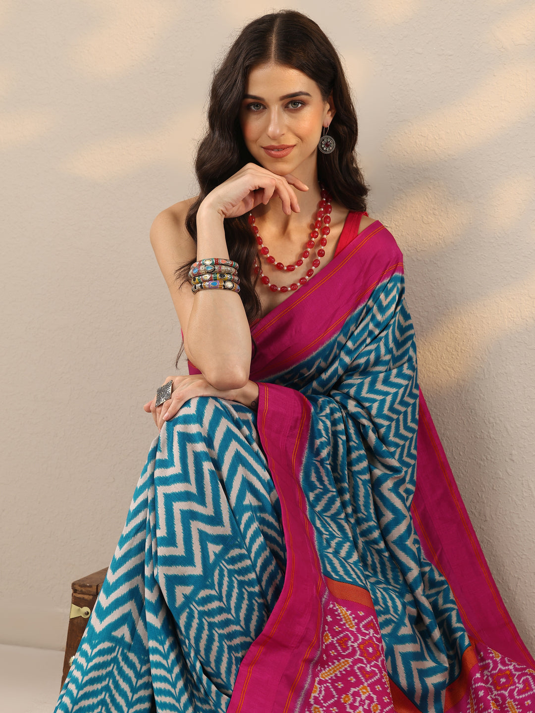  Blue Leheriya Printed Silk Blend Saree With Unstitched Blouse Piece 