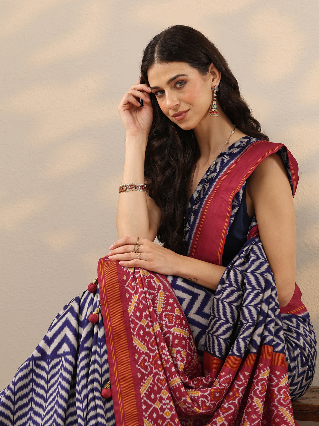  Blue Leheriya Printed Silk Blend Saree With Unstitched Blouse Piece 