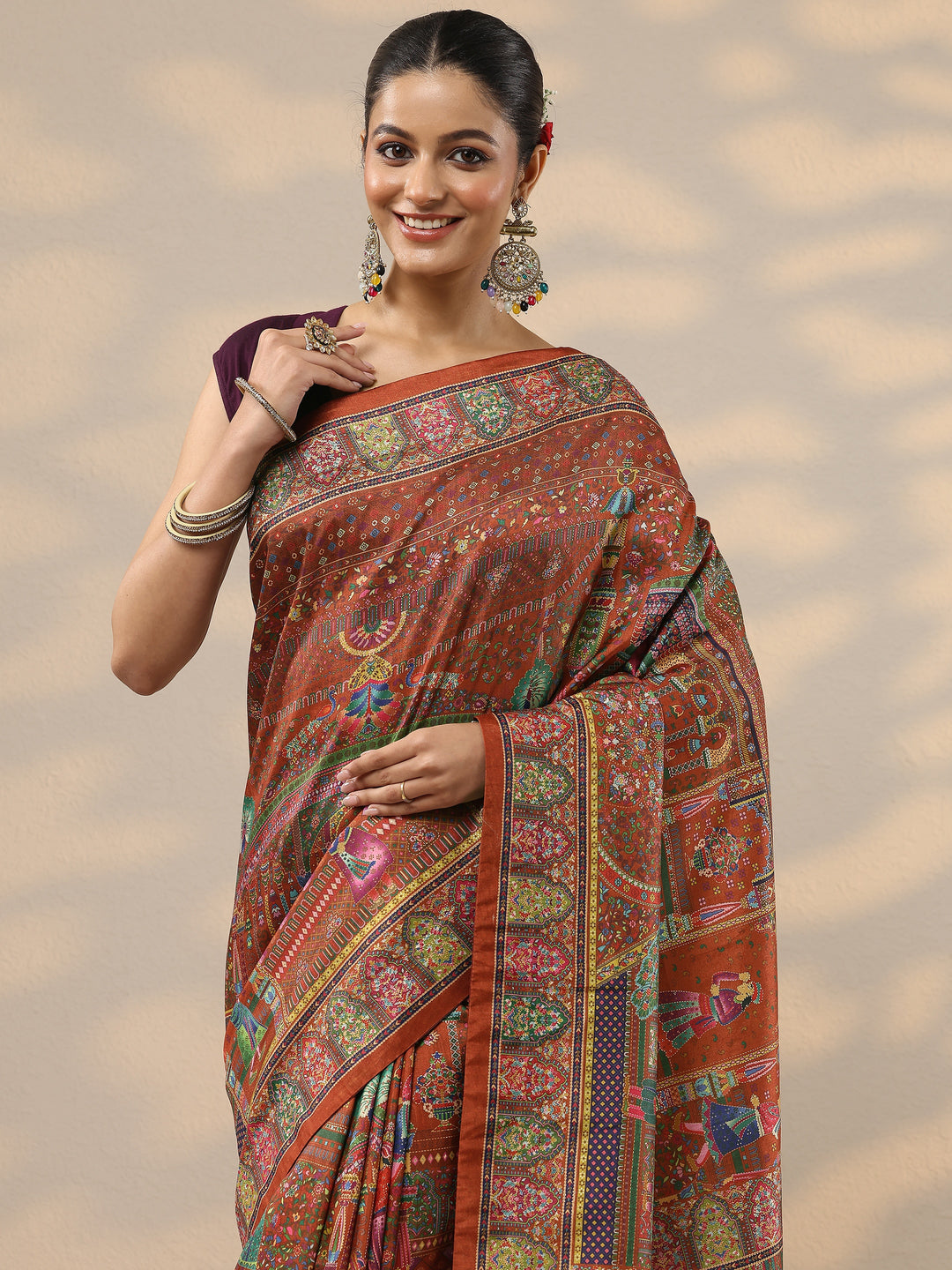  Red Printed Silk Blend Saree With Unstitched Blouse Piece 