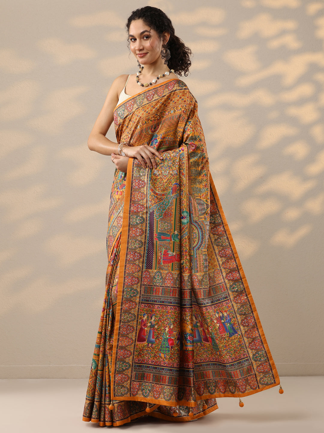  Mustard Printed Silk Blend Saree With Unstitched Blouse Piece 