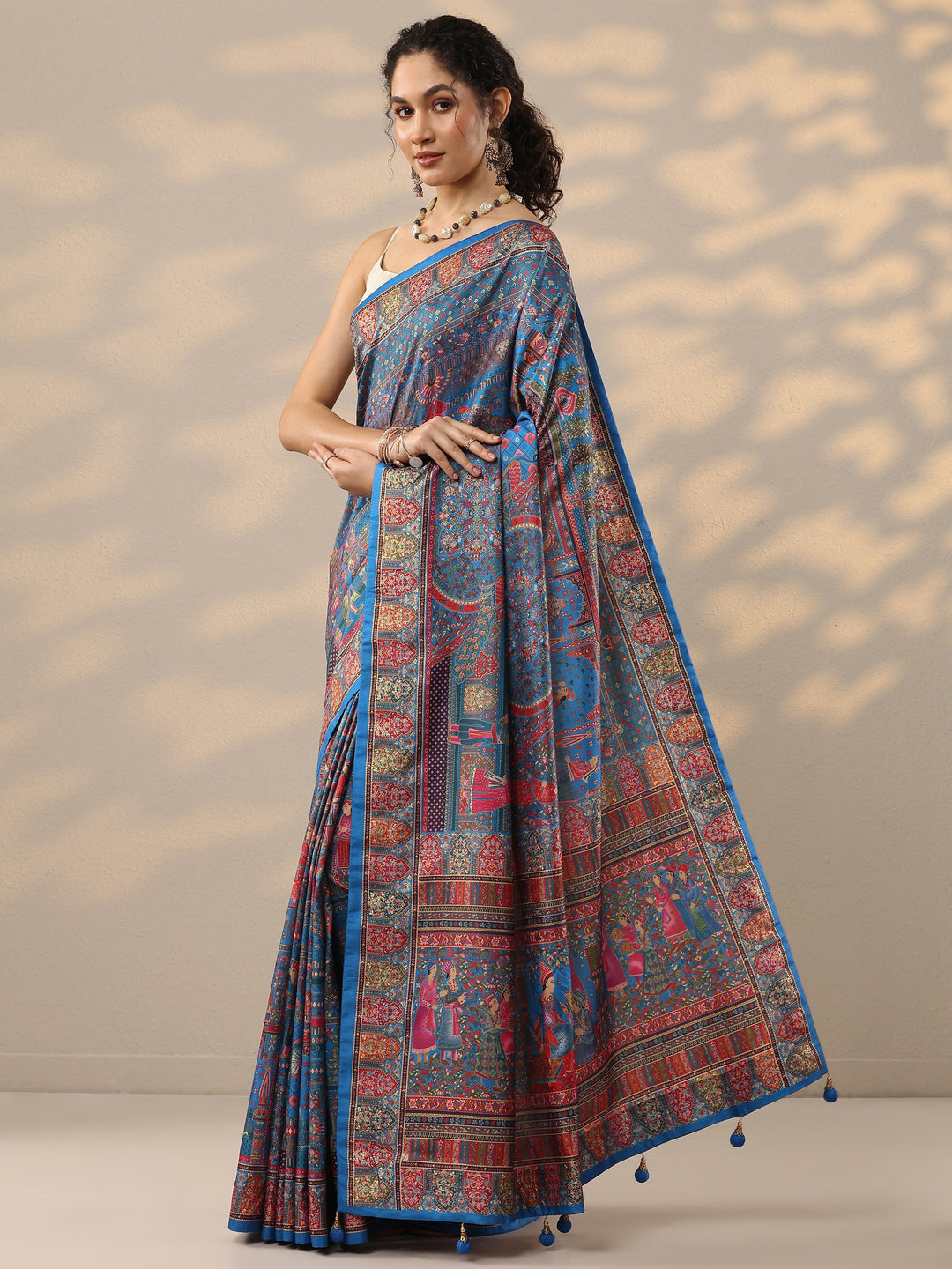  Blue Printed Silk Blend Saree With Unstitched Blouse Piece 