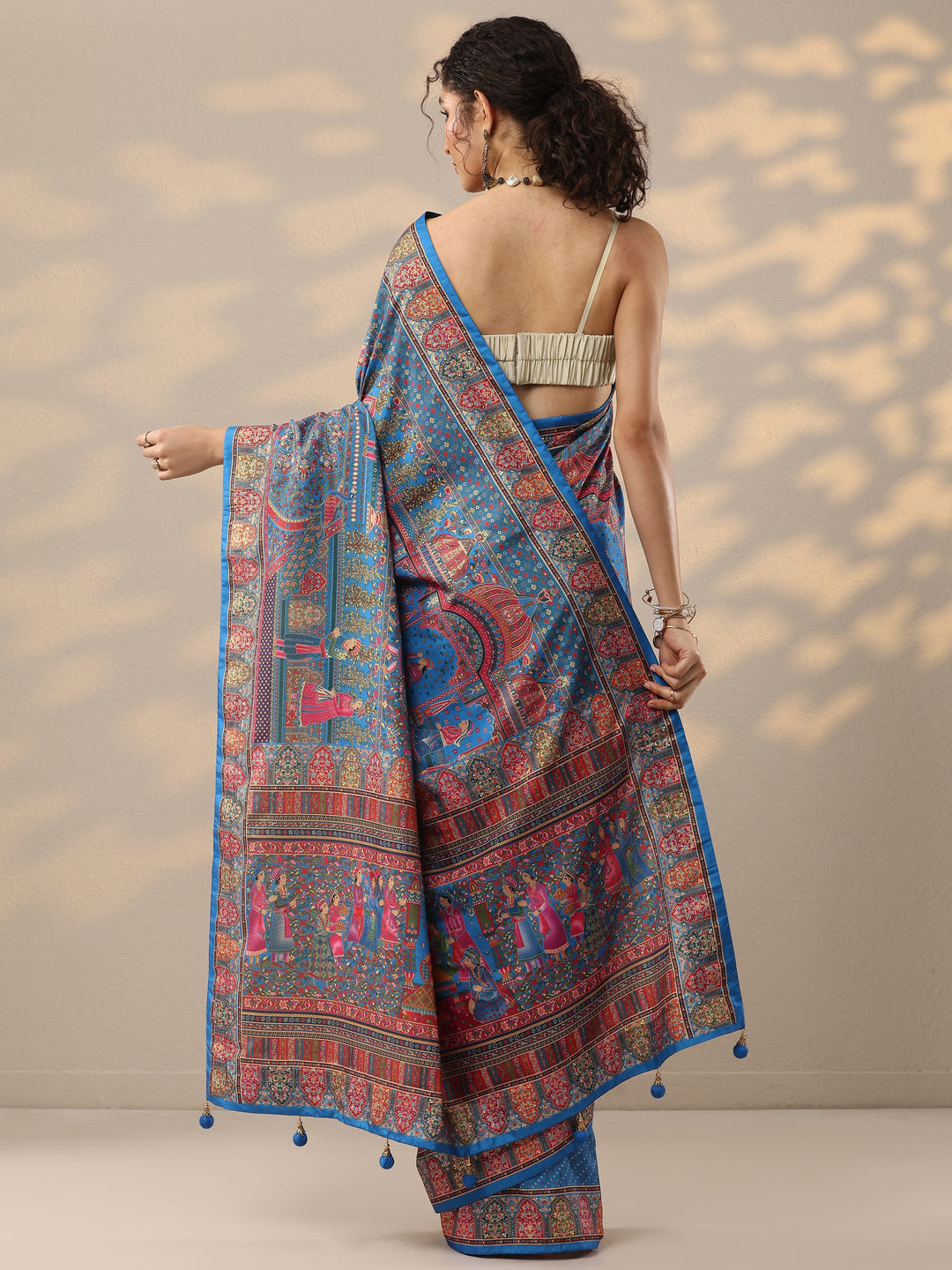  Blue Printed Silk Blend Saree With Unstitched Blouse Piece 