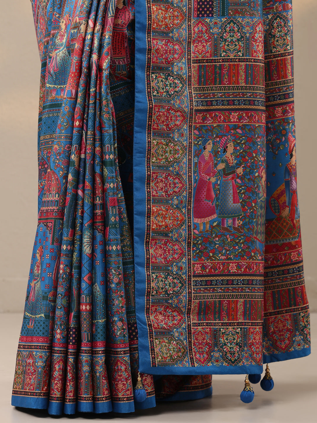  Blue Printed Silk Blend Saree With Unstitched Blouse Piece 