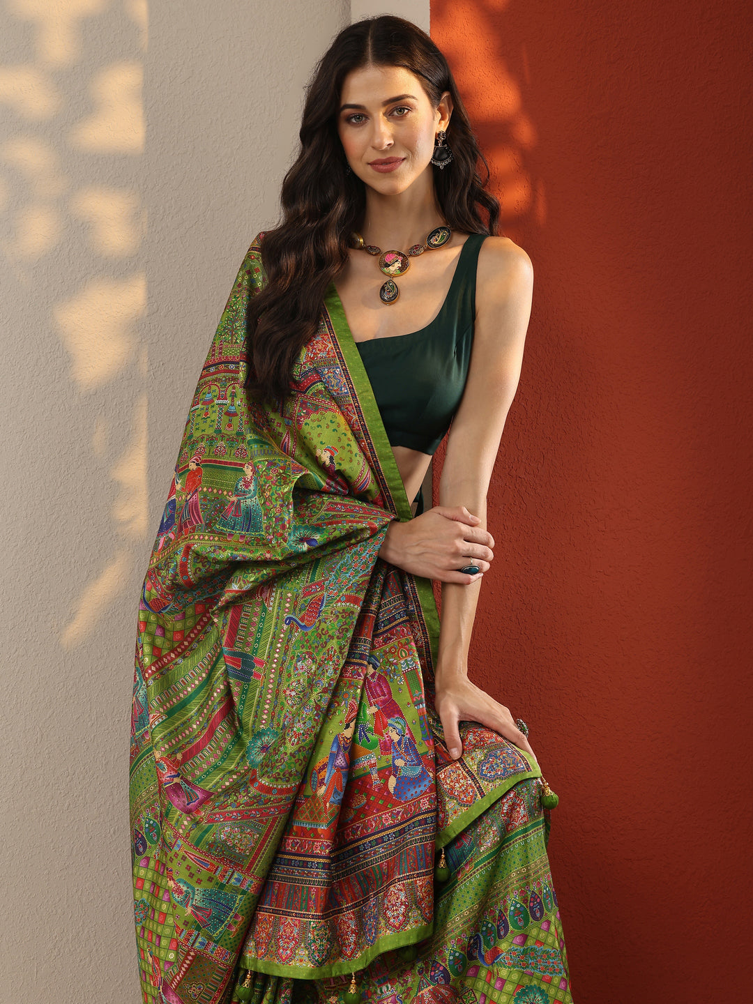  Green Printed Silk Blend Saree With Unstitched Blouse Piece 