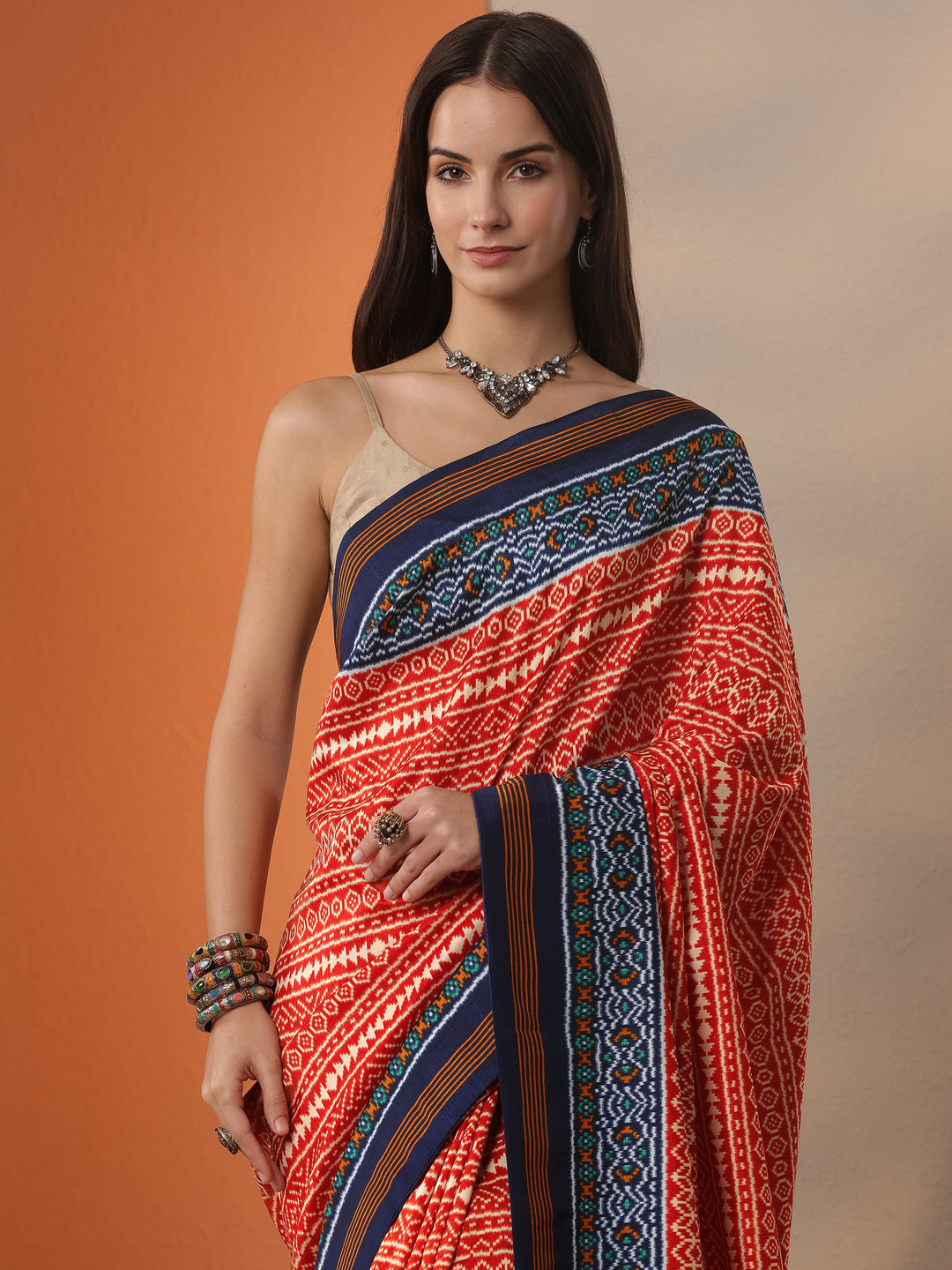  Orange Printed Silk Blend Saree With Unstitched Blouse Piece 