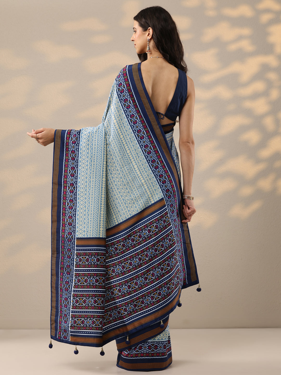  Blue Printed Silk Blend Saree With Unstitched Blouse Piece 
