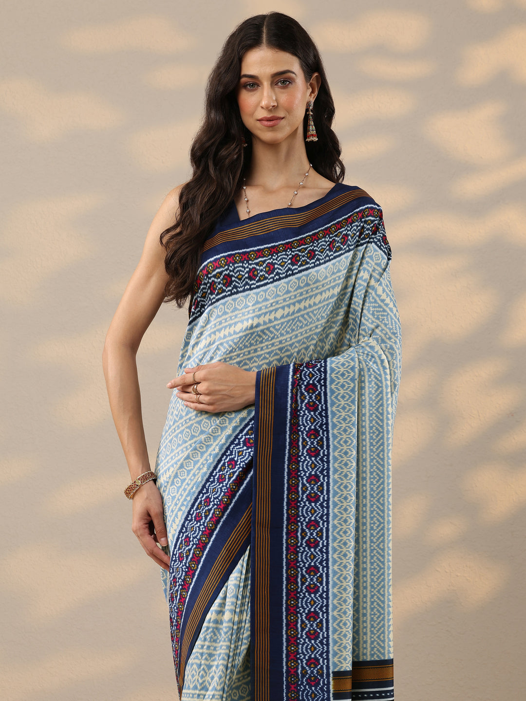  Blue Printed Silk Blend Saree With Unstitched Blouse Piece 