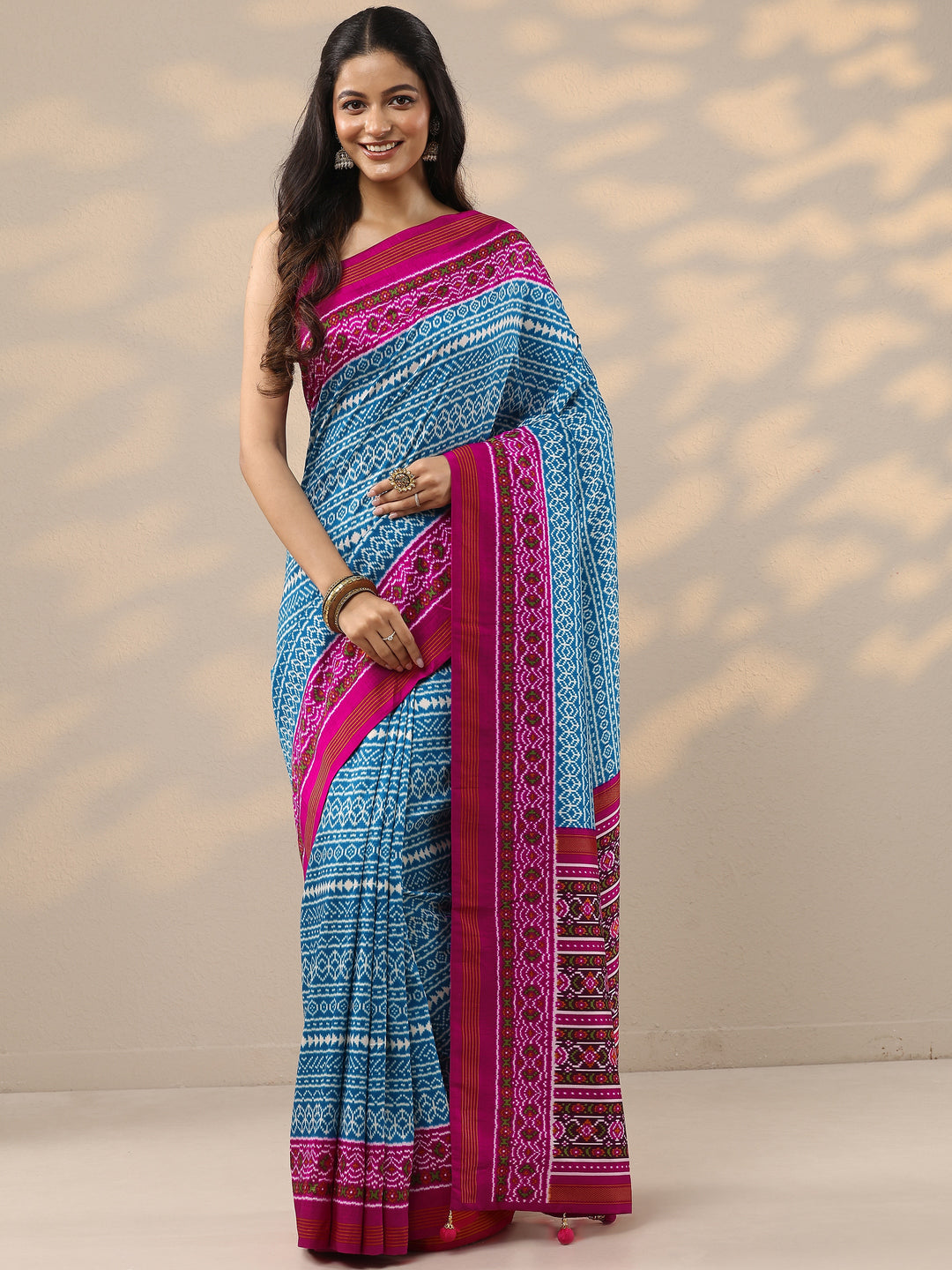  Blue Printed Silk Blend Saree With Unstitched Blouse Piece 