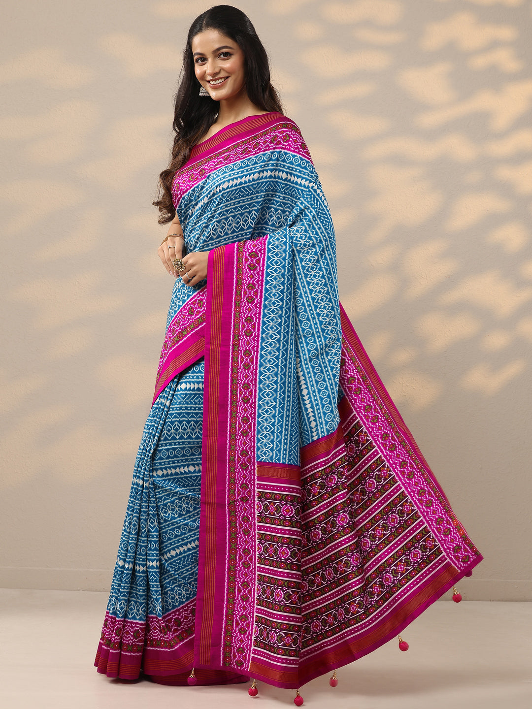  Blue Printed Silk Blend Saree With Unstitched Blouse Piece 