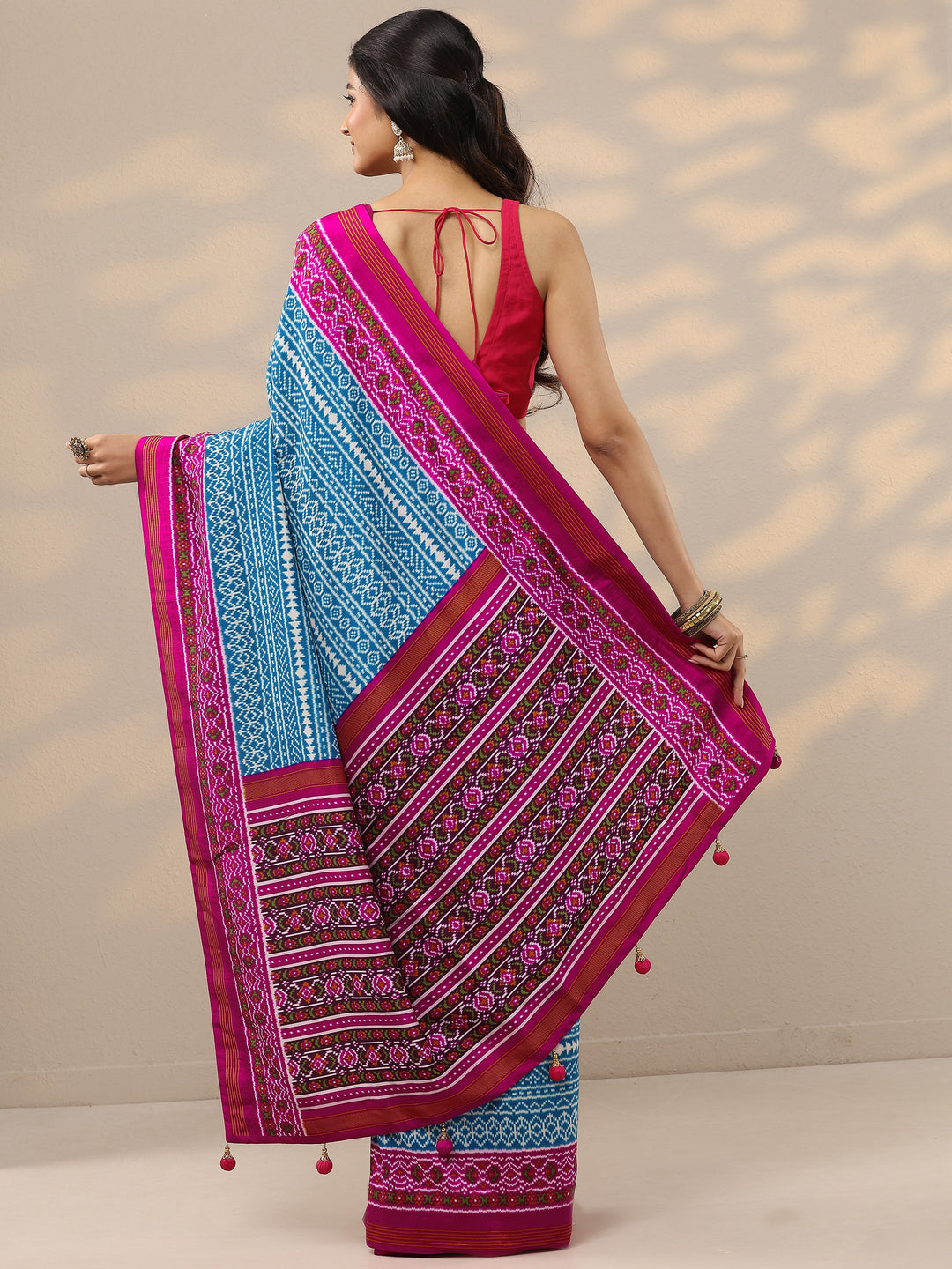  Blue Printed Silk Blend Saree With Unstitched Blouse Piece 