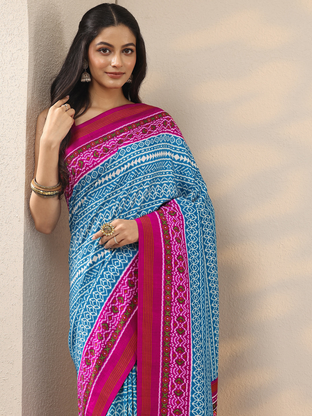  Blue Printed Silk Blend Saree With Unstitched Blouse Piece 