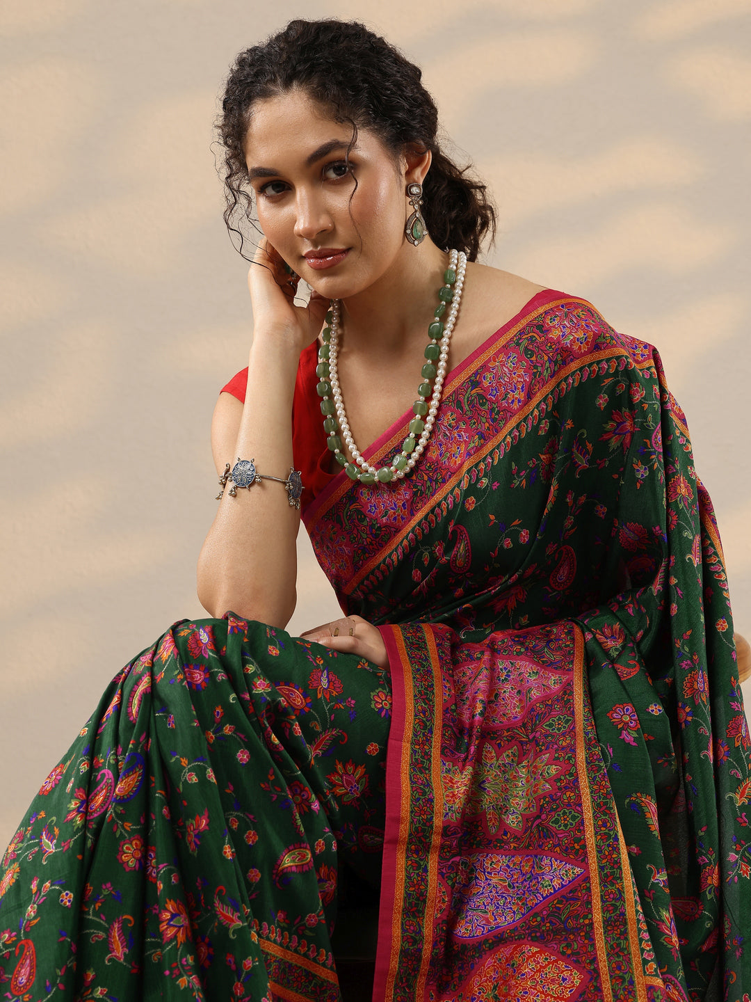 Green Printed Silk Blend Saree With Unstitched Blouse Piece