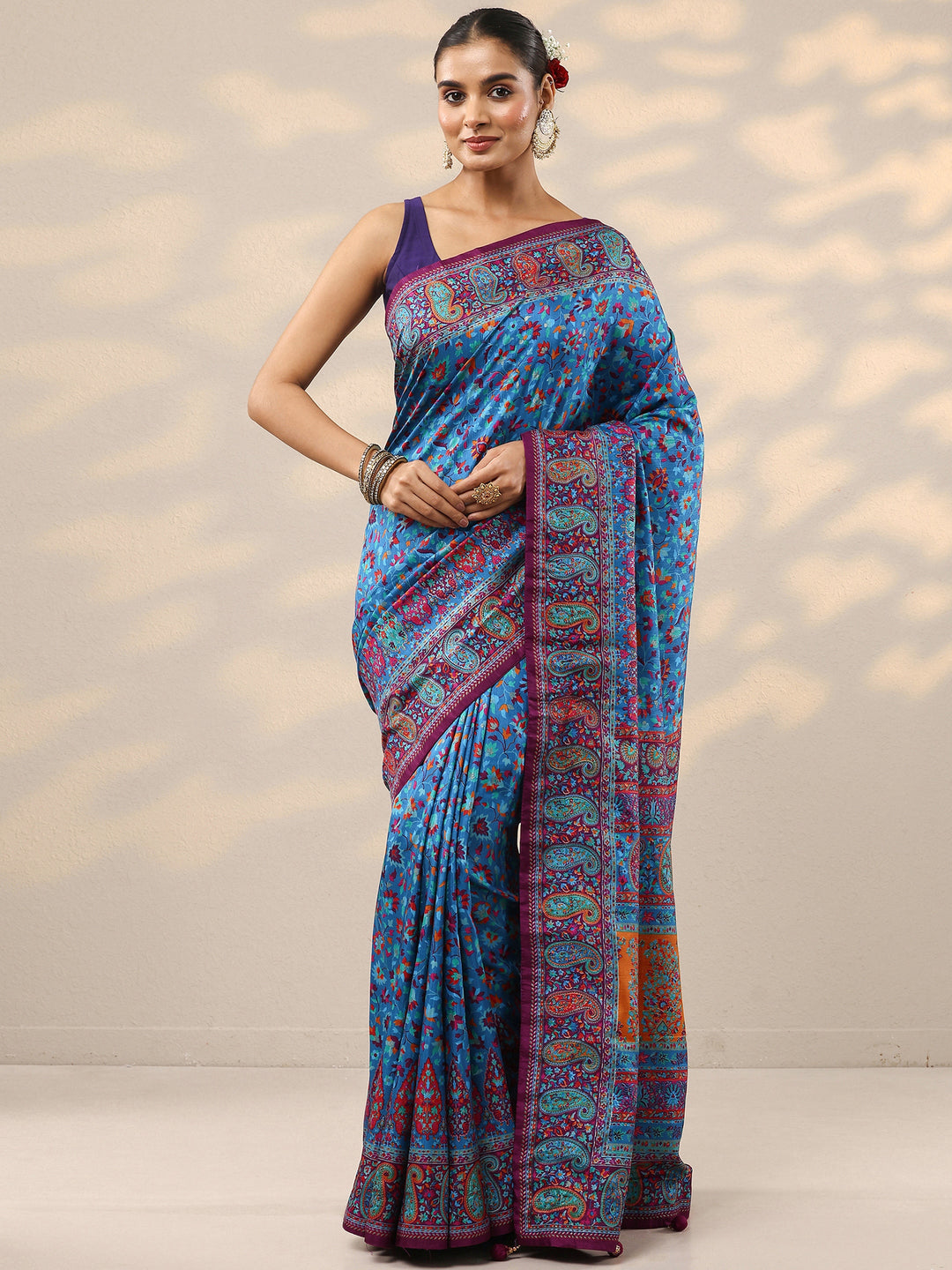  Blue Printed Silk Blend Saree With Unstitched Blouse Piece 