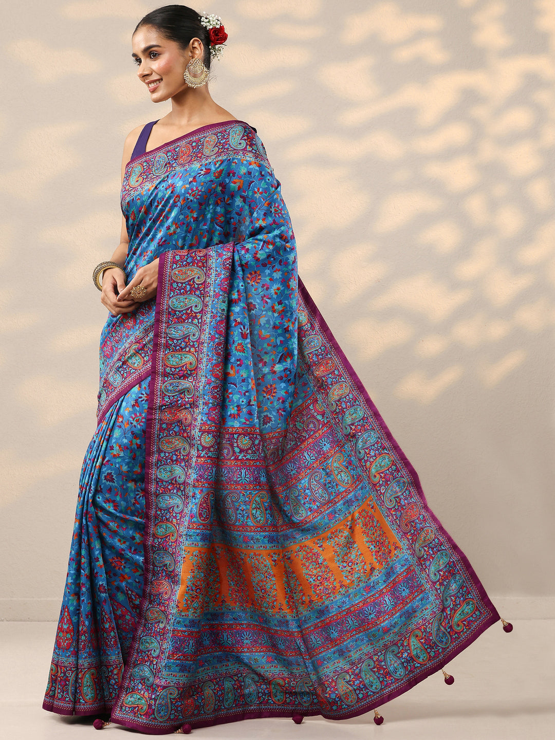  Blue Printed Silk Blend Saree With Unstitched Blouse Piece 
