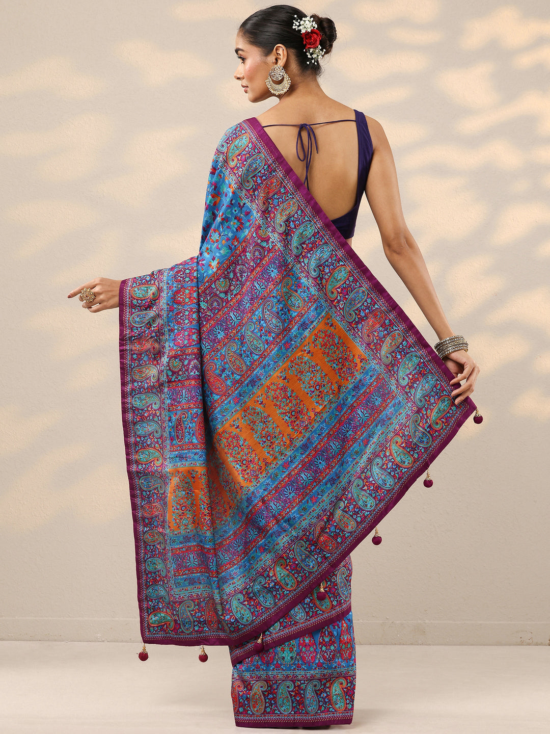  Blue Printed Silk Blend Saree With Unstitched Blouse Piece 