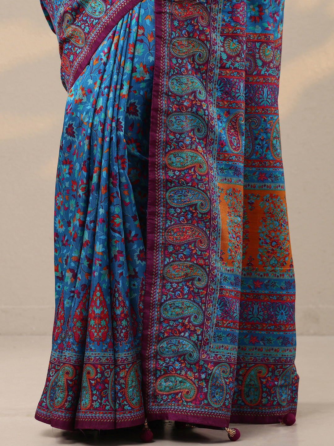  Blue Printed Silk Blend Saree With Unstitched Blouse Piece 