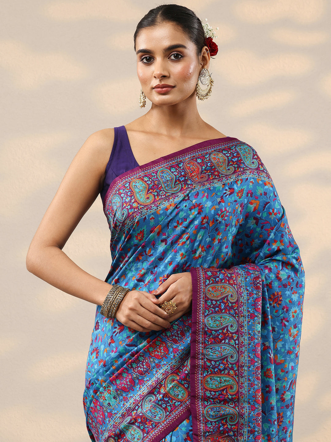  Blue Printed Silk Blend Saree With Unstitched Blouse Piece 
