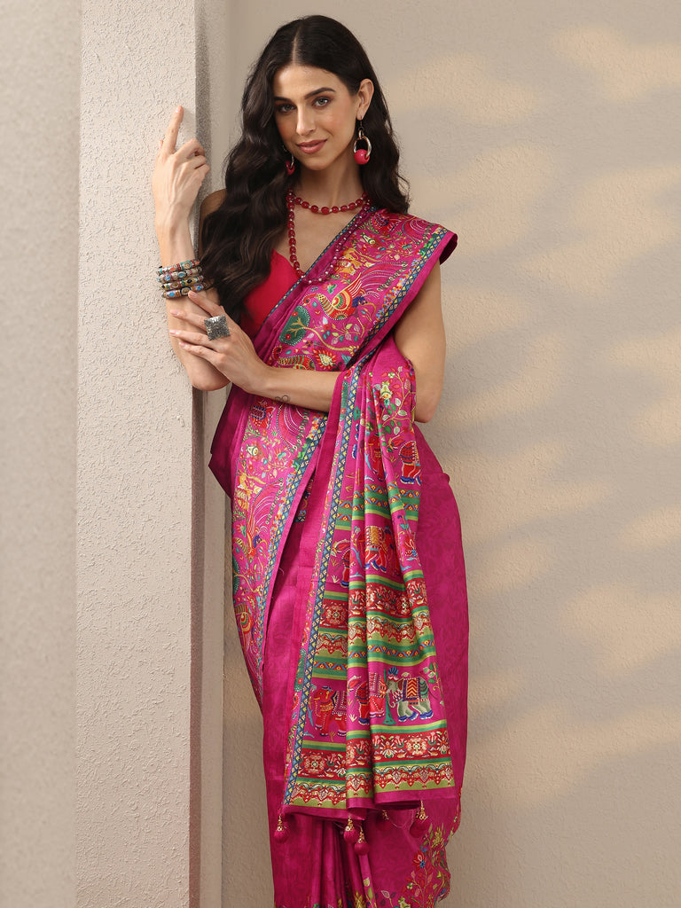 Libas Pink Printed Silk Blend Saree With Unstitched Blouse Piece
