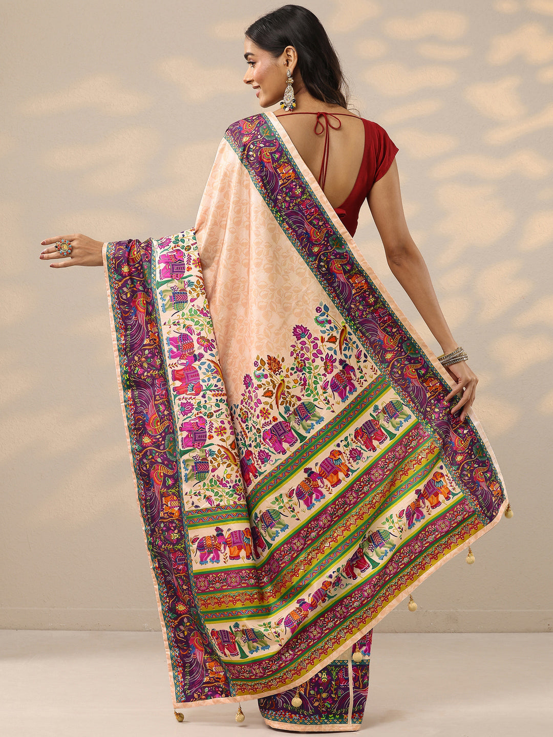  Gold Printed Silk Blend Saree With Unstitched Blouse Piece 
