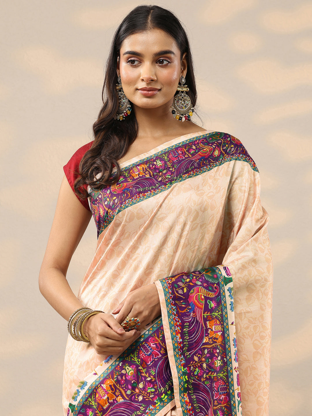  Gold Printed Silk Blend Saree With Unstitched Blouse Piece 