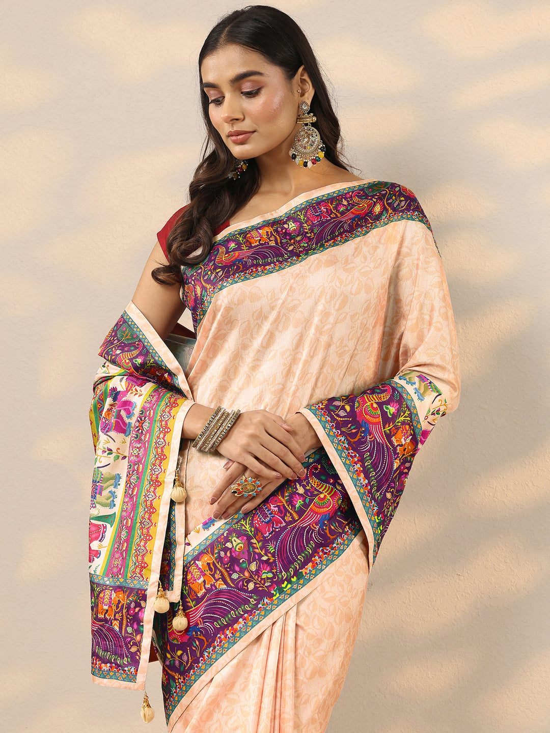  Gold Printed Silk Blend Saree With Unstitched Blouse Piece 