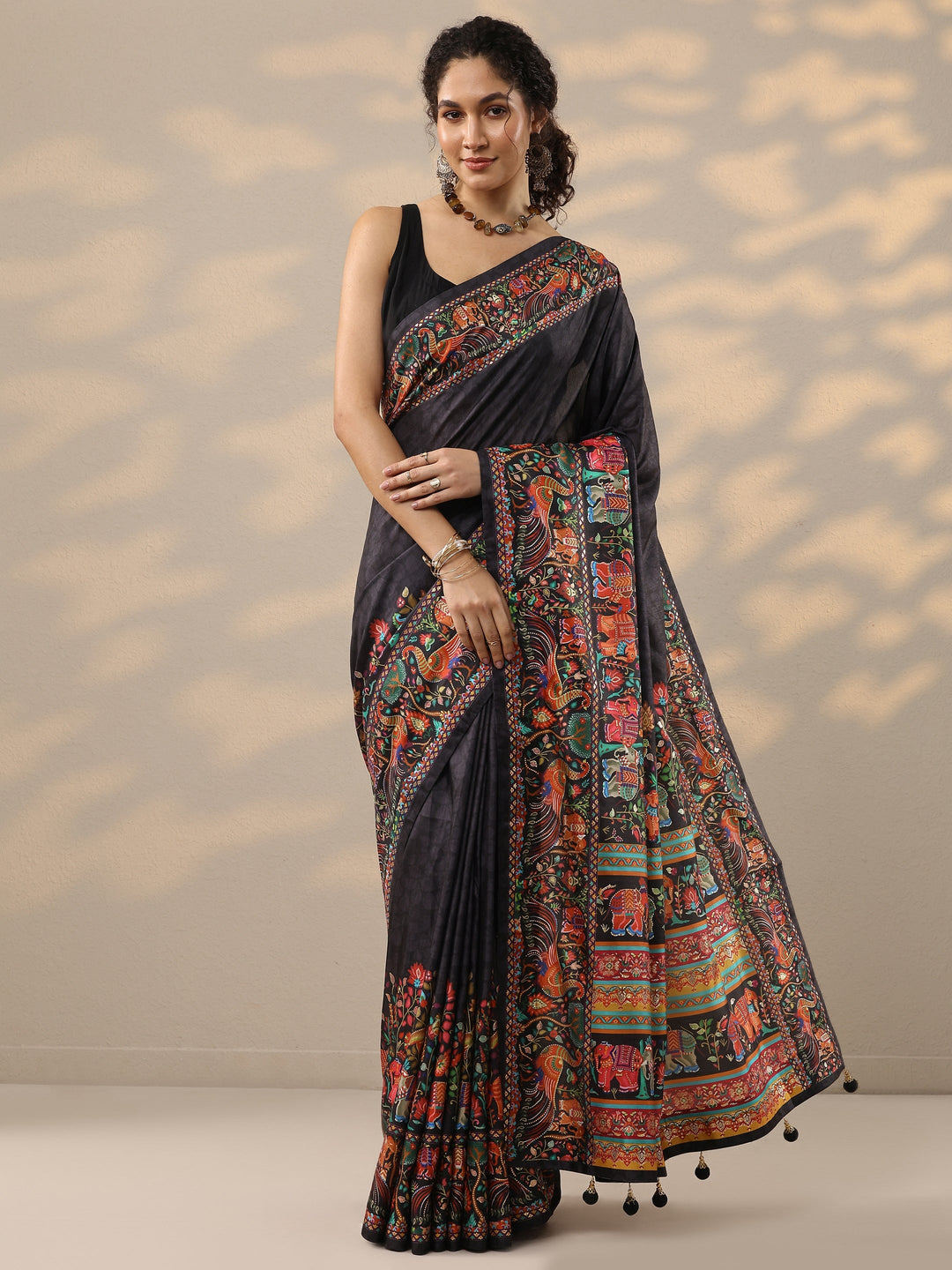  Black Printed Silk Blend Saree With Unstitched Blouse Piece 