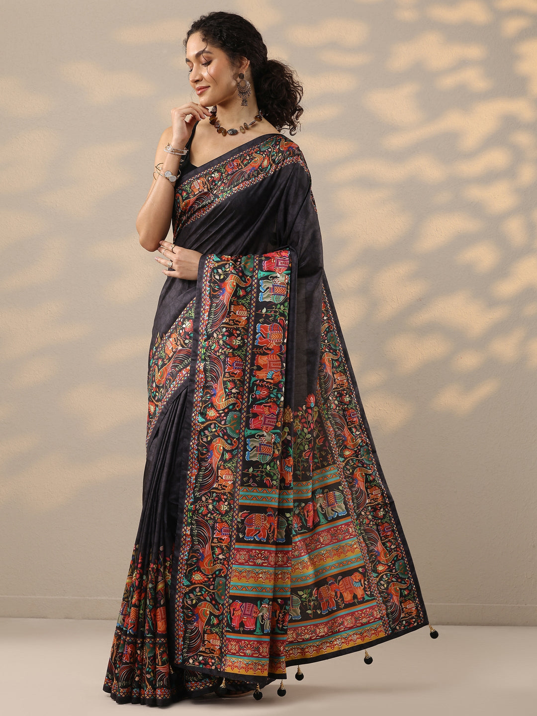  Black Printed Silk Blend Saree With Unstitched Blouse Piece 