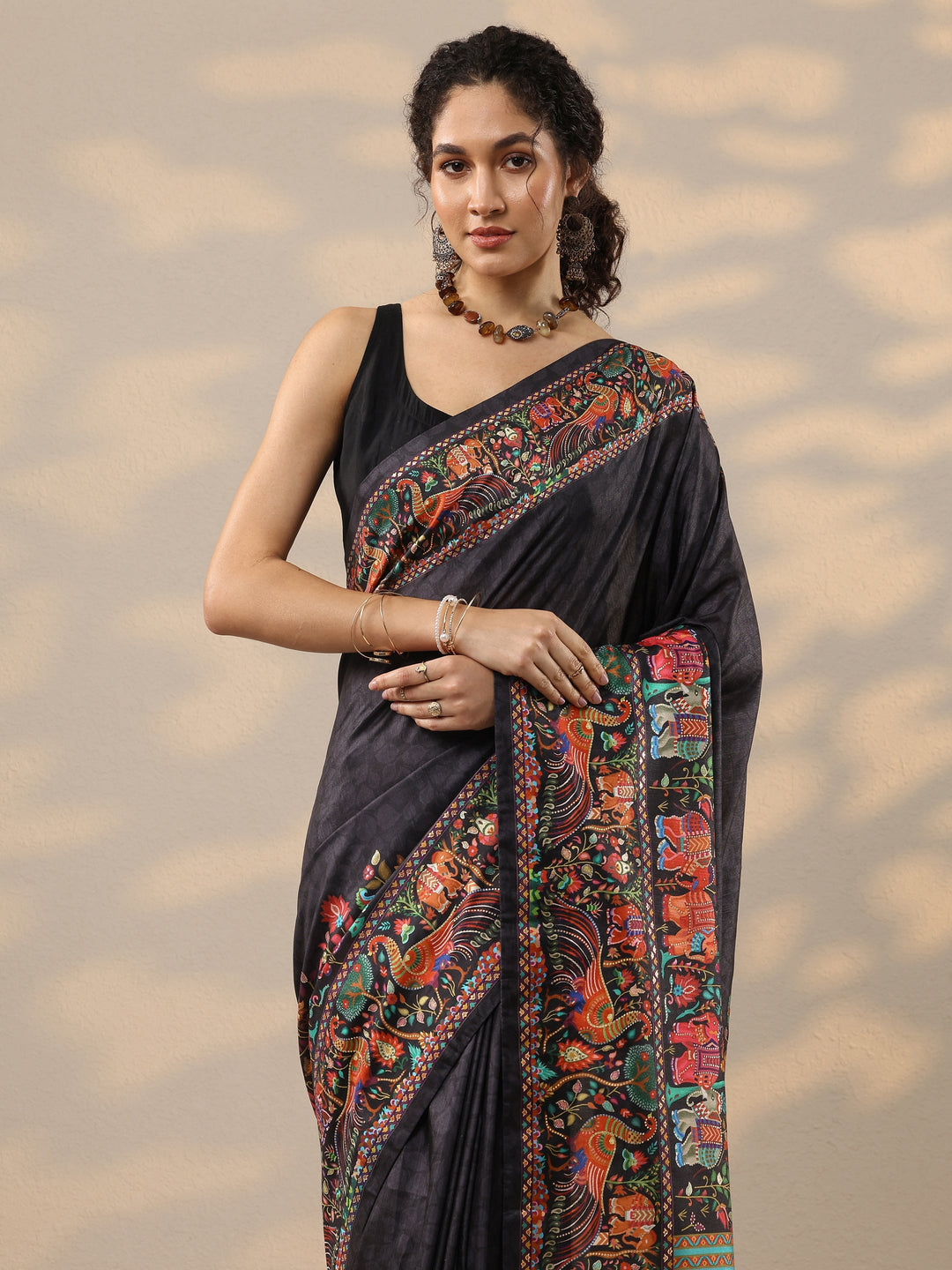  Black Printed Silk Blend Saree With Unstitched Blouse Piece 