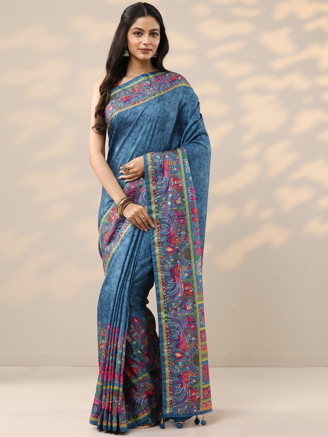  Blue Printed Silk Blend Saree With Unstitched Blouse Piece 