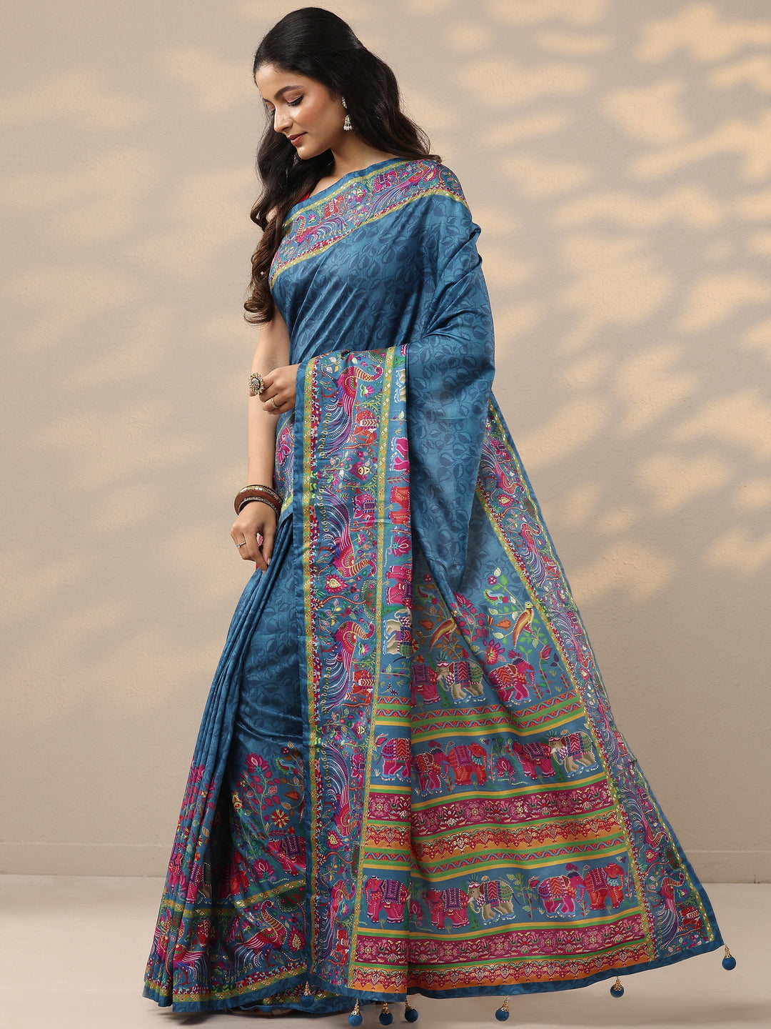  Blue Printed Silk Blend Saree With Unstitched Blouse Piece 