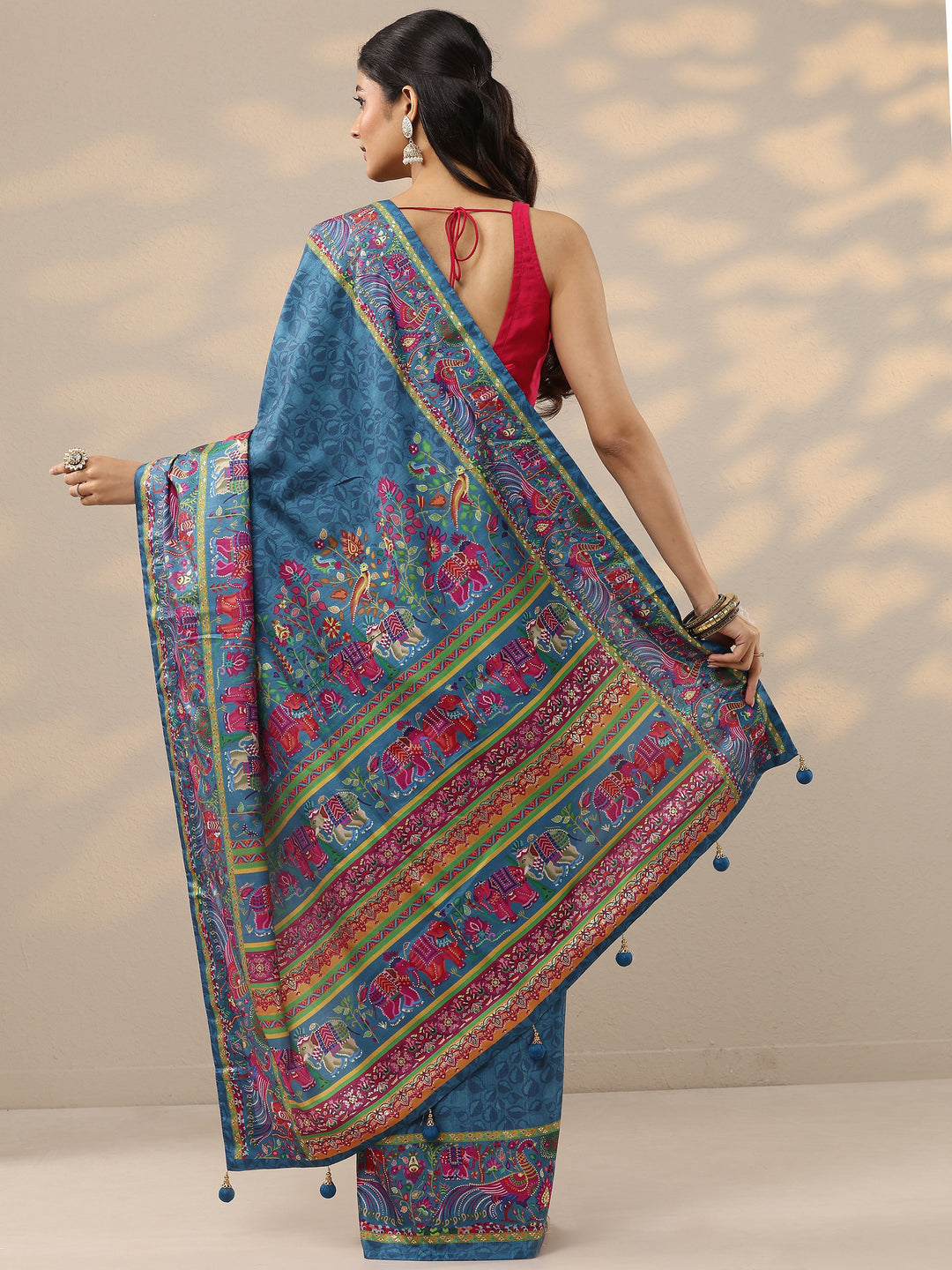  Blue Printed Silk Blend Saree With Unstitched Blouse Piece 