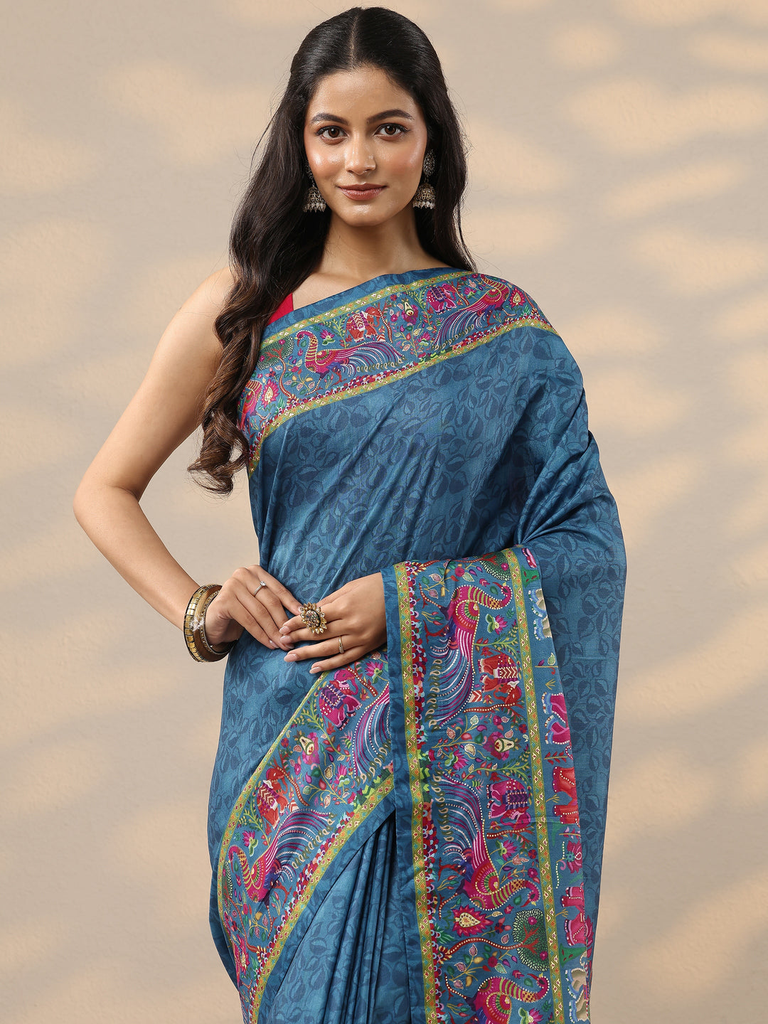  Blue Printed Silk Blend Saree With Unstitched Blouse Piece 