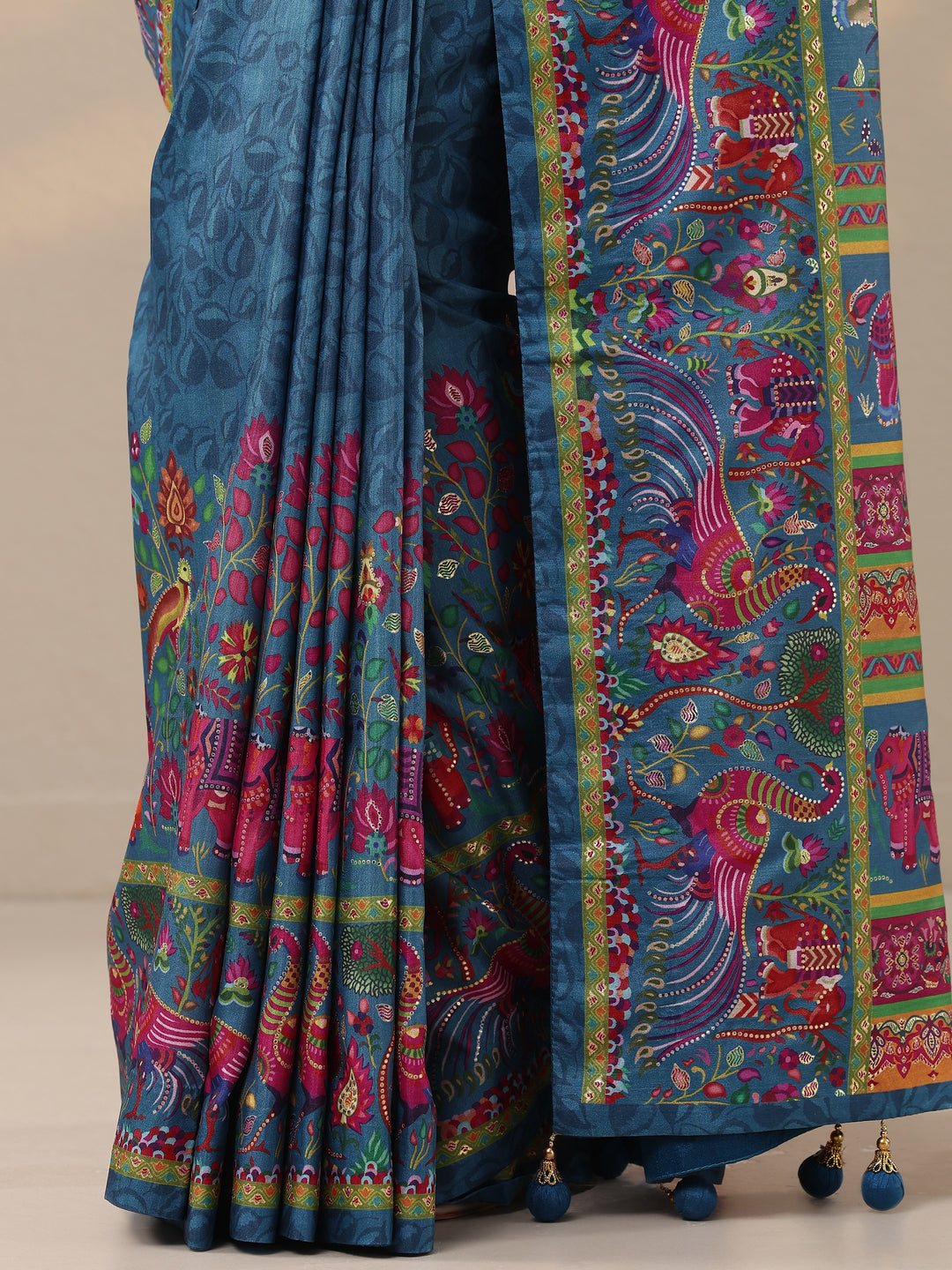  Blue Printed Silk Blend Saree With Unstitched Blouse Piece 