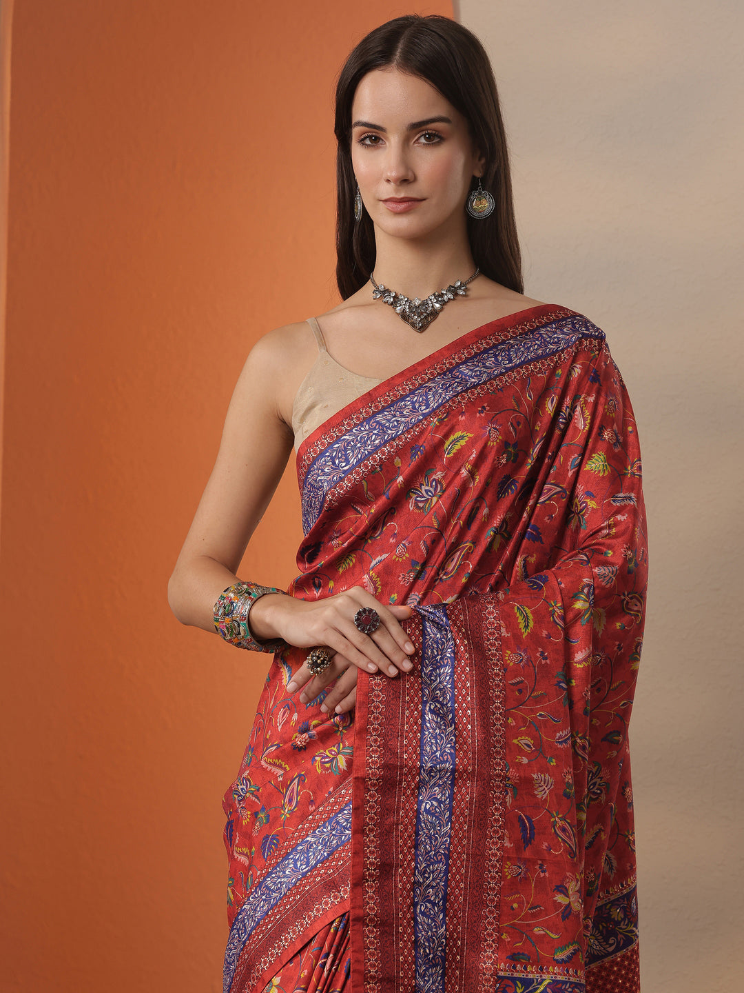  Red Printed Silk Blend Saree With Unstitched Blouse Piece 