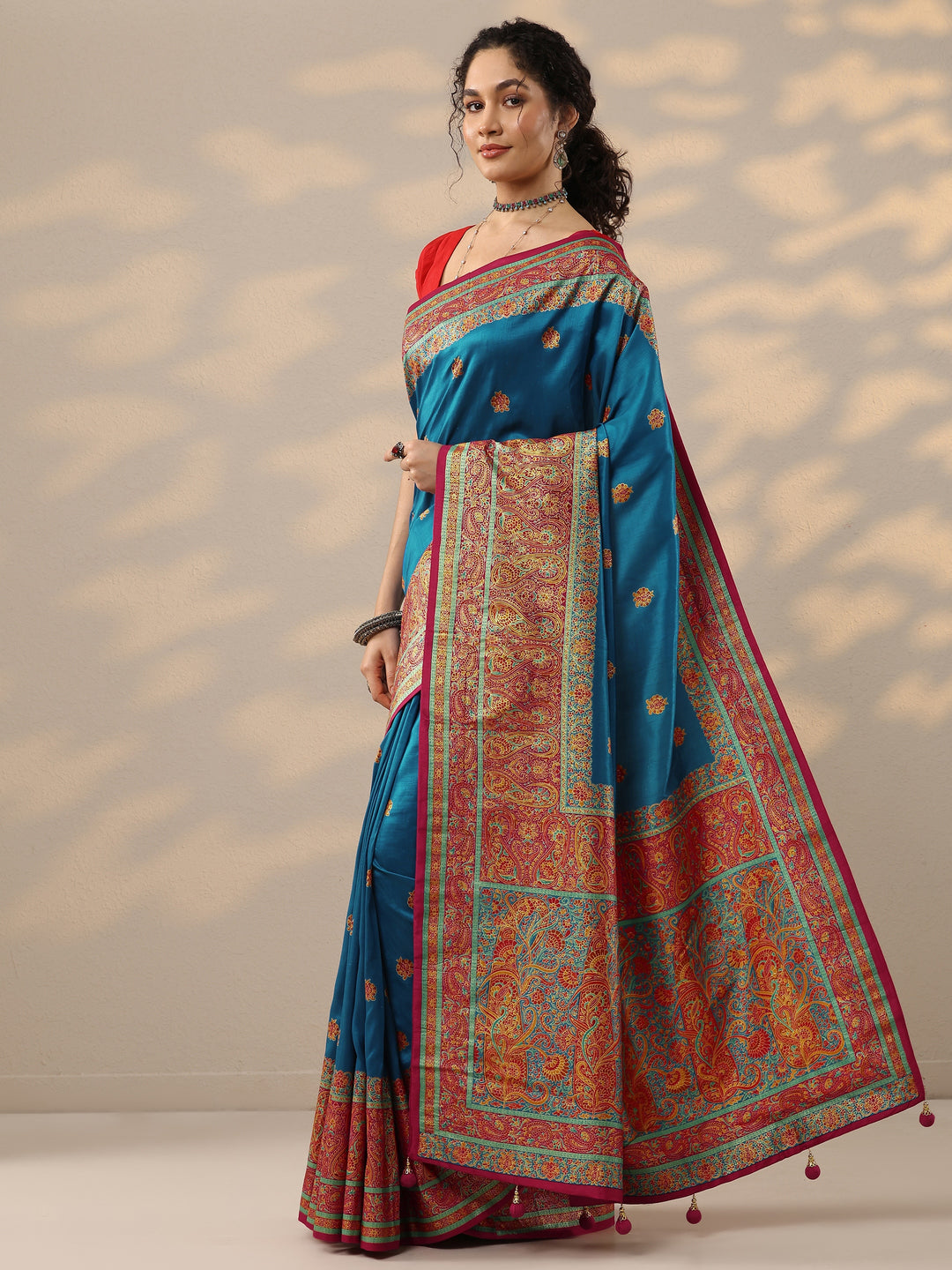 Blue Printed Silk Blend Saree With Unstitched Blouse Piece 