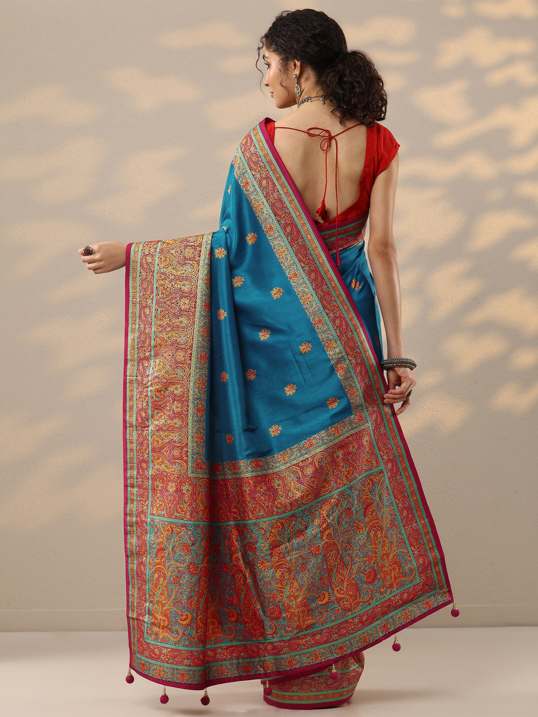  Blue Printed Silk Blend Saree With Unstitched Blouse Piece 