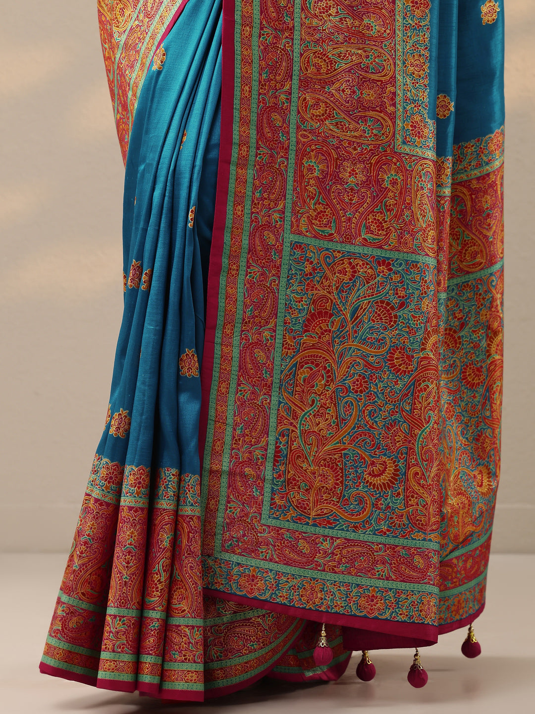  Blue Printed Silk Blend Saree With Unstitched Blouse Piece 