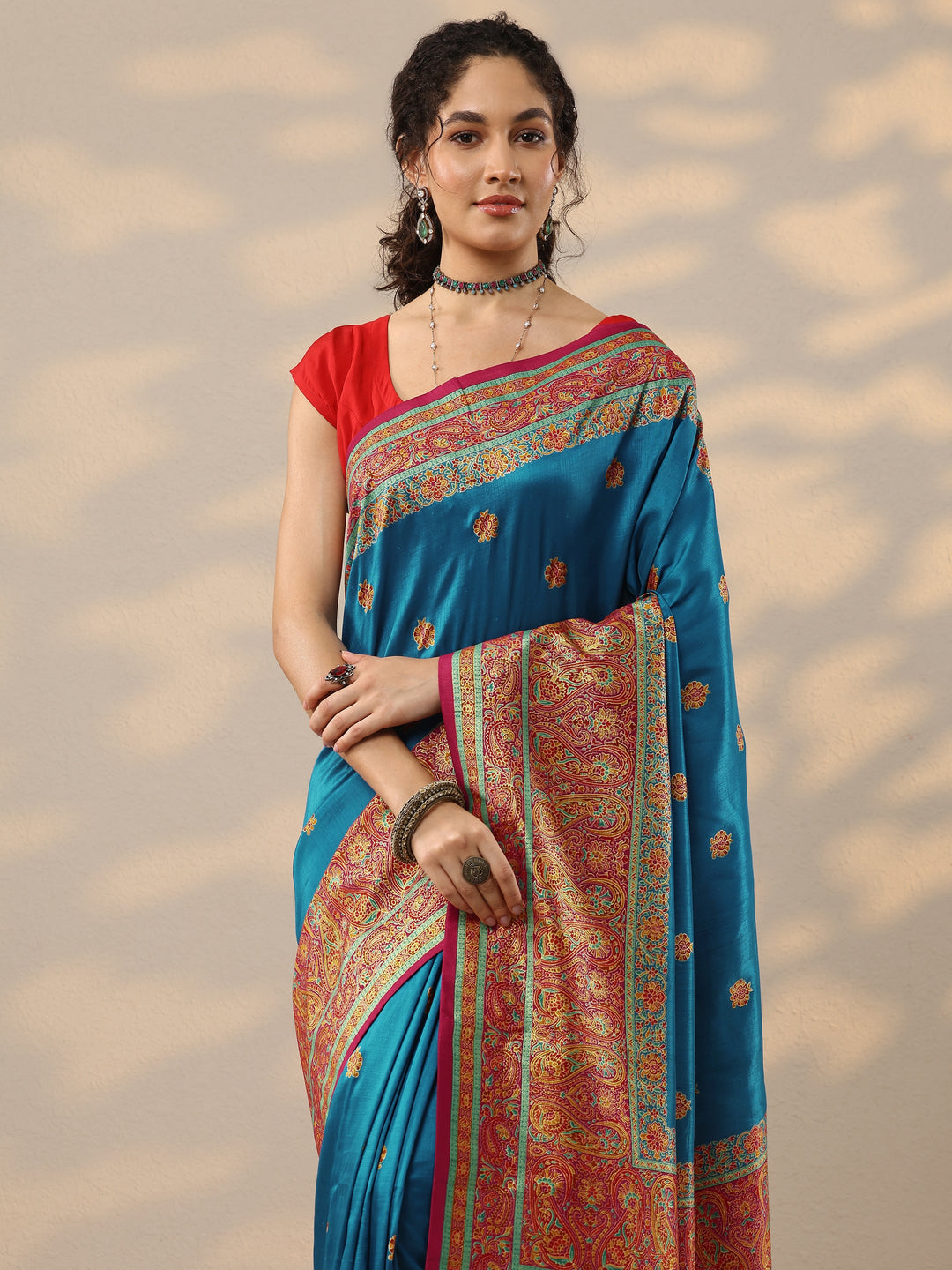  Blue Printed Silk Blend Saree With Unstitched Blouse Piece 