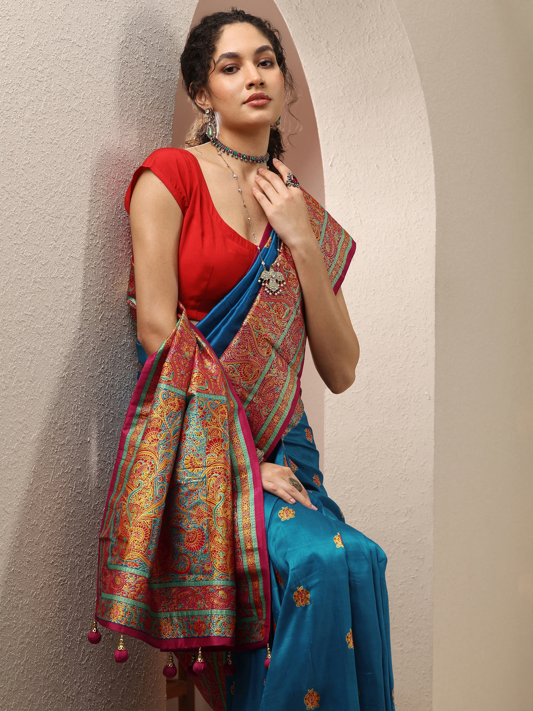  Blue Printed Silk Blend Saree With Unstitched Blouse Piece 