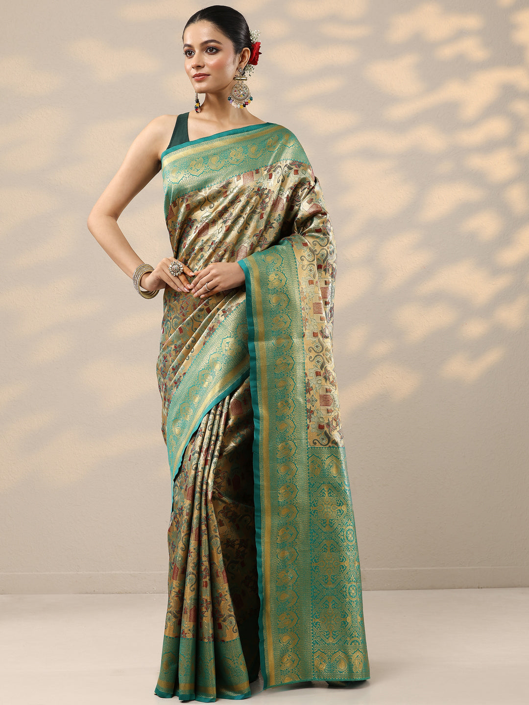  Beige Woven Design Silk Blend Saree With Unstitched Blouse Piece 