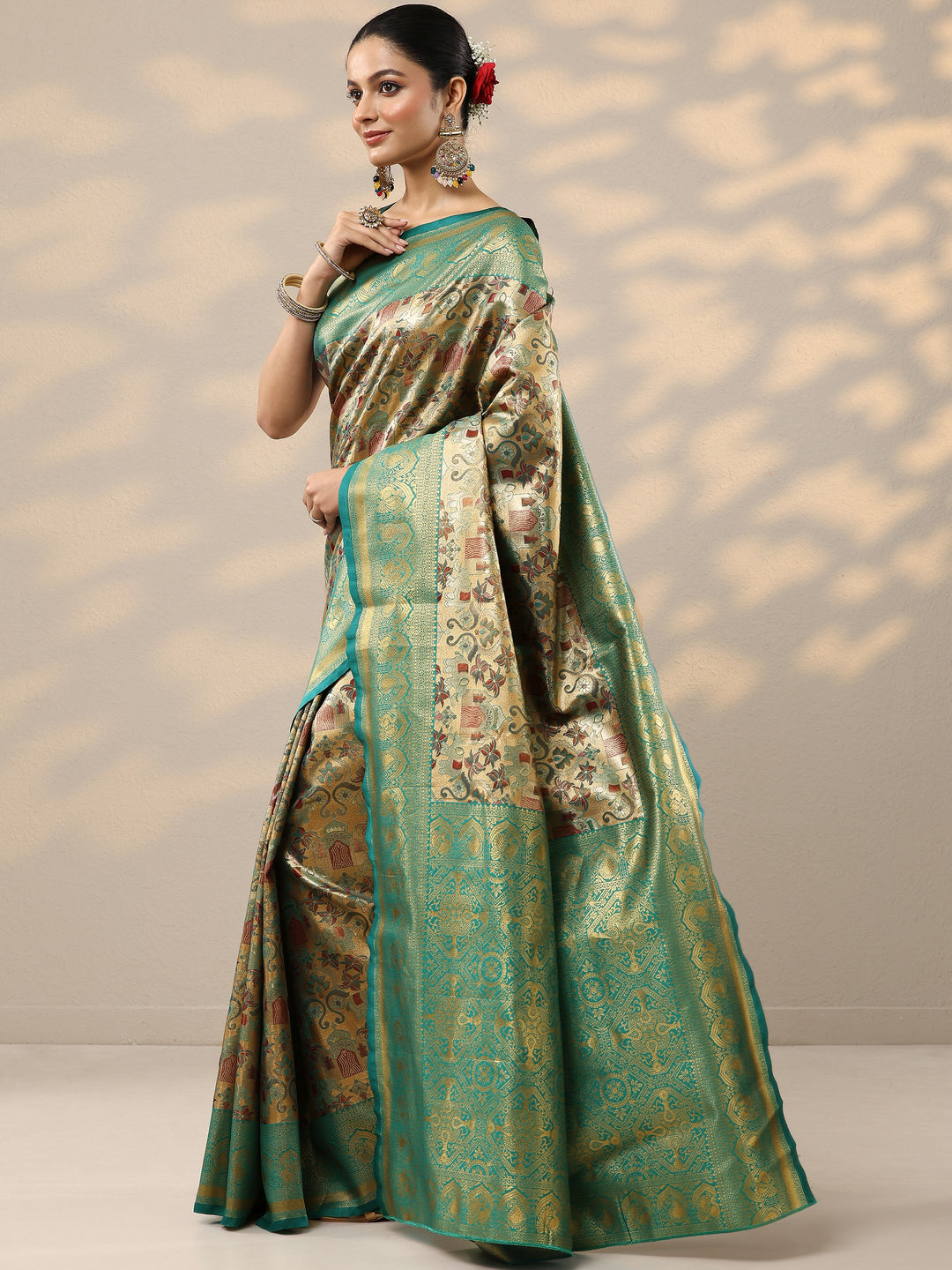  Beige Woven Design Silk Blend Saree With Unstitched Blouse Piece 