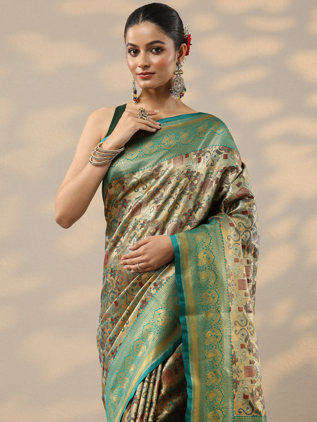  Beige Woven Design Silk Blend Saree With Unstitched Blouse Piece 