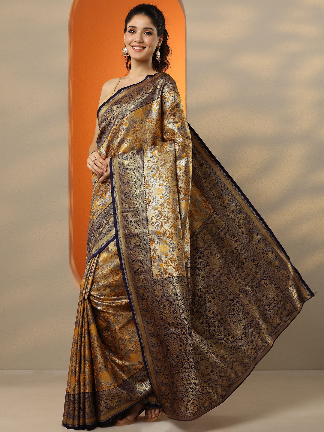  Mustard Woven Design Silk Blend Saree With Unstitched Blouse Picece 