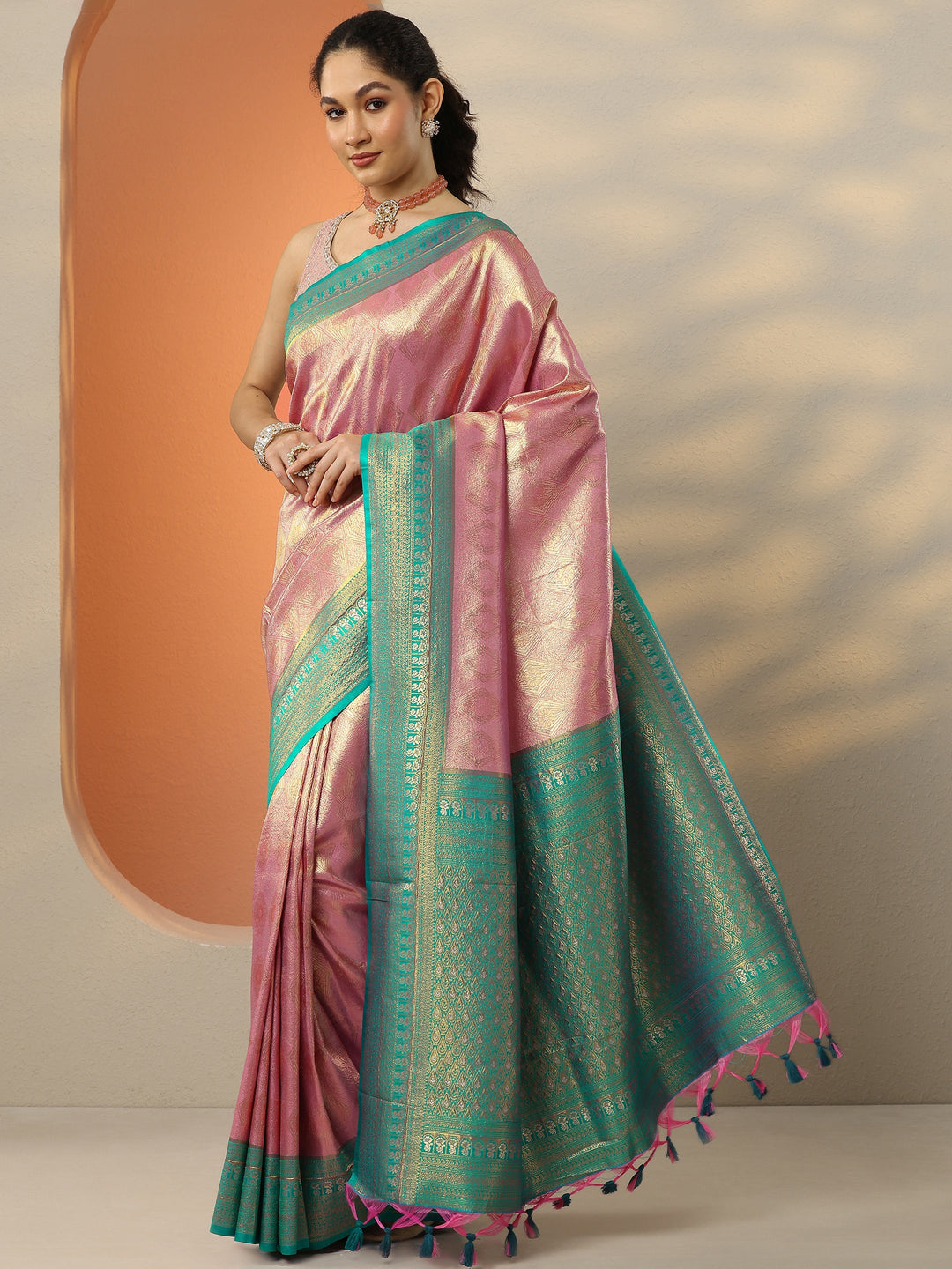  Pink Woven Design Silk Blend Saree With Unstitched Blouse Picece 
