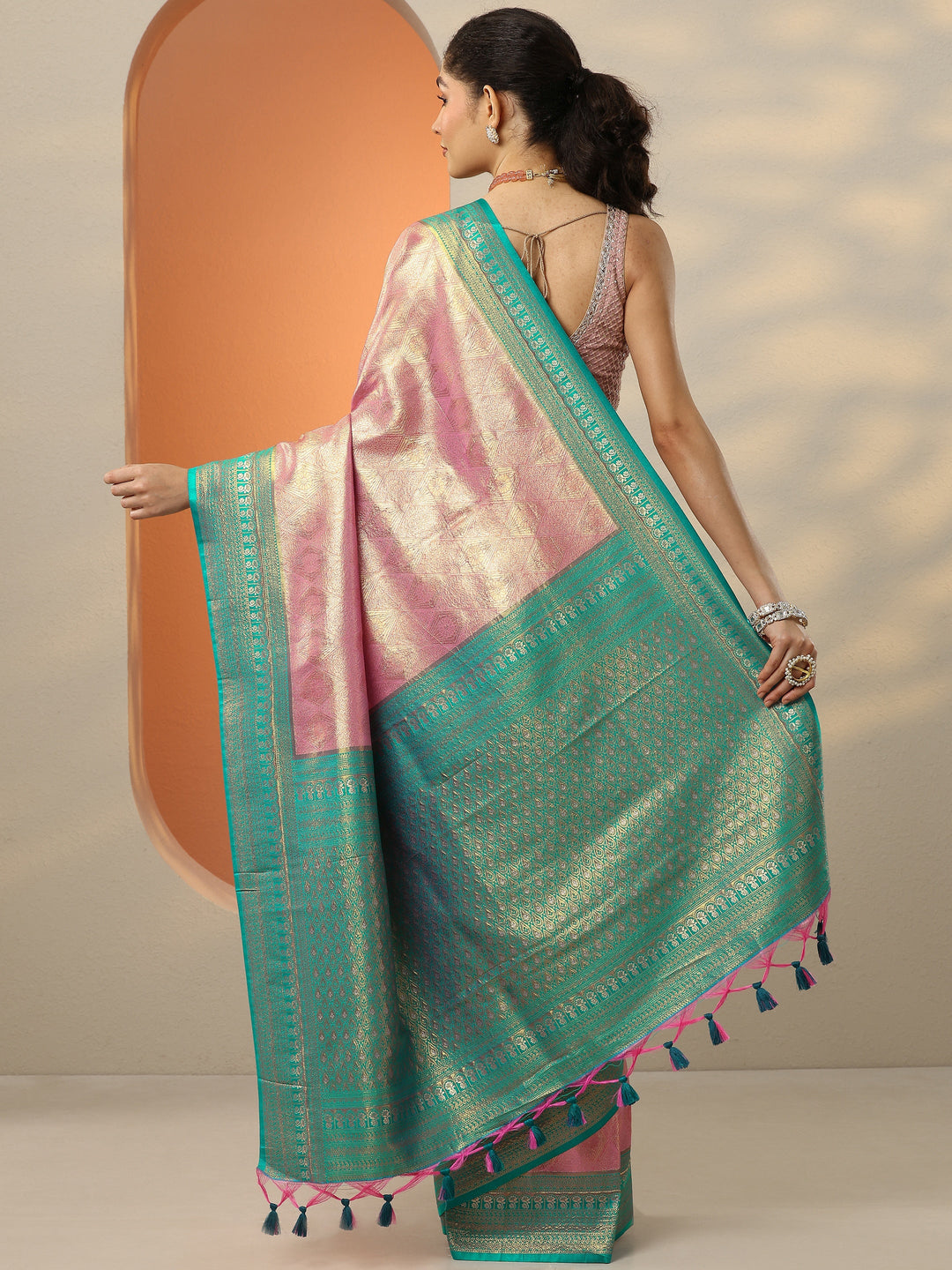  Pink Woven Design Silk Blend Saree With Unstitched Blouse Picece 