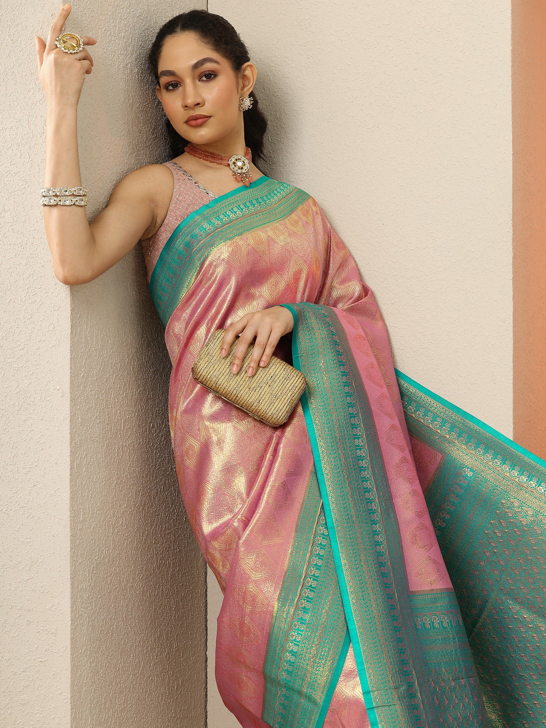 Pink Woven Design Silk Blend Saree With Unstitched Blouse Picece 