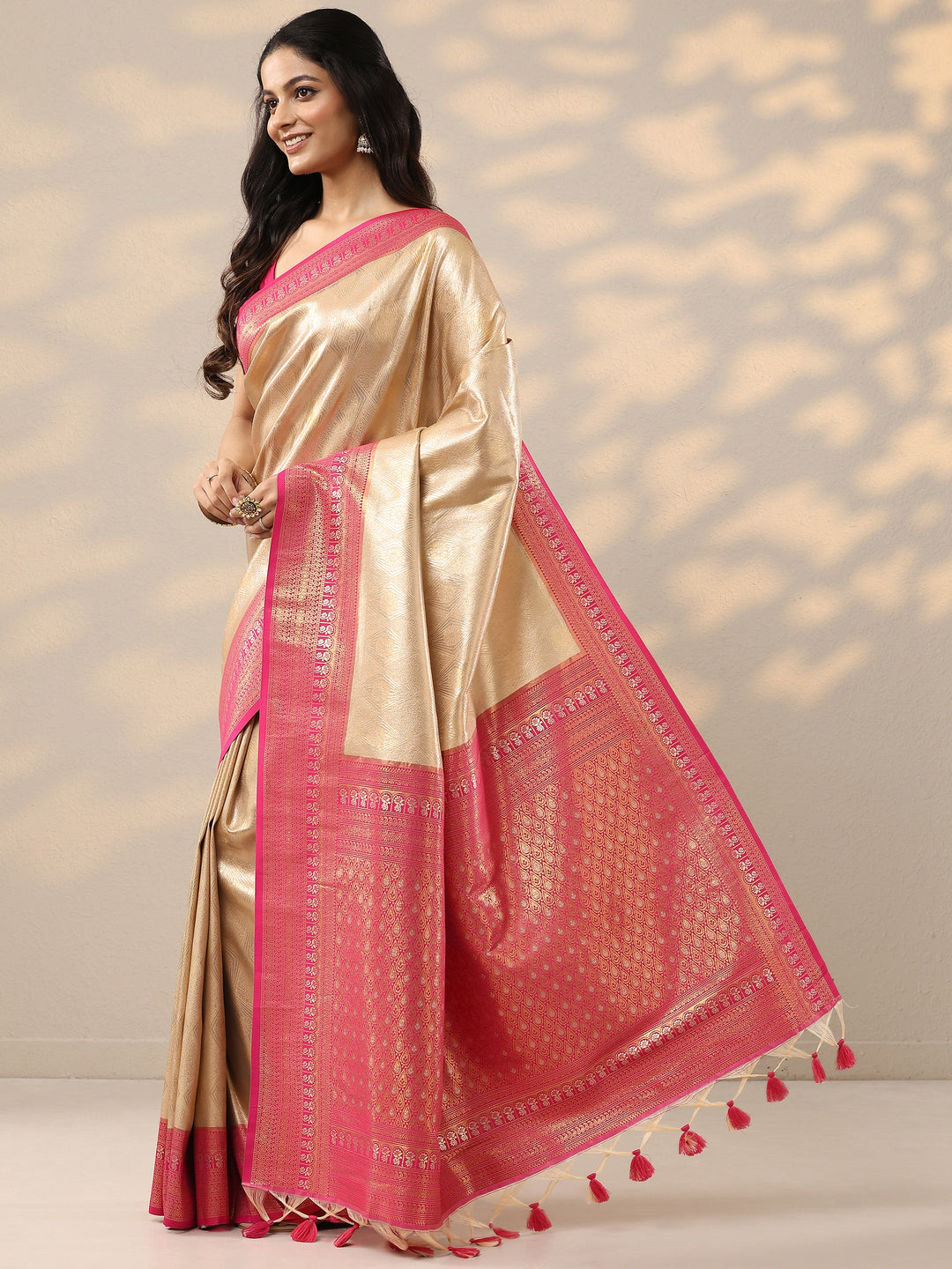  Gold Woven Design Silk Blend Saree With Unstitched Blouse Piece 